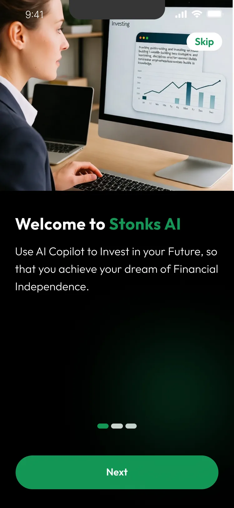 StonksAI onboarding screen introducing AI-scored trade ideas for retail investors