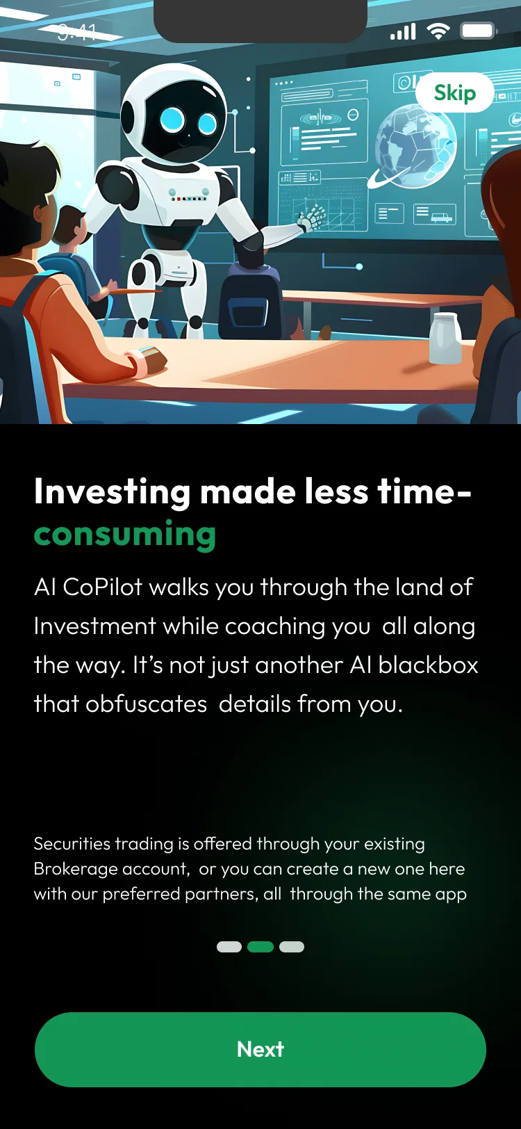 StonksAI onboarding screen explaining built-in risk guardrails and position sizing