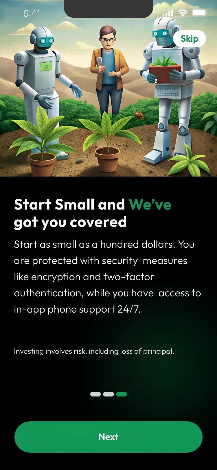 StonksAI onboarding screen showing the reasoning behind each AI trade score