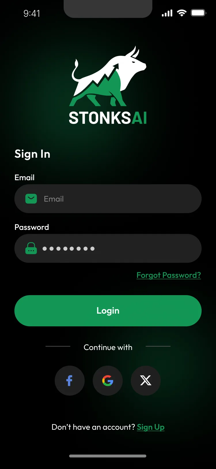 StonksAI sign-in screen with email and Google authentication options
