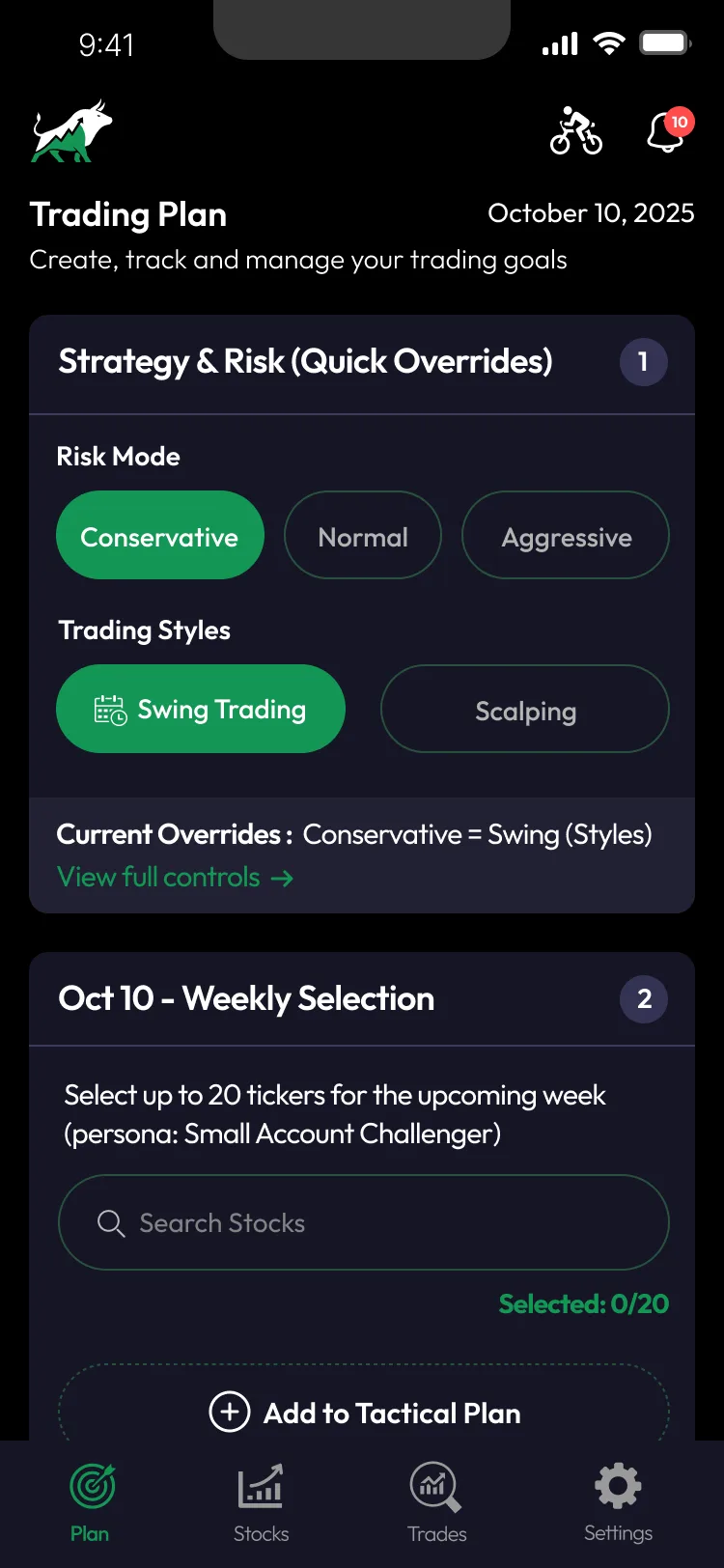 StonksAI weekly trading plan screen showing selected tickers with entries and exits
