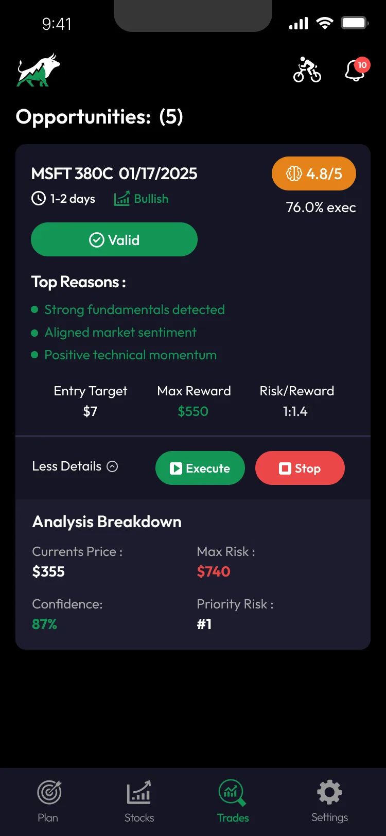 StonksAI trades screen tracking planned positions and their risk settings