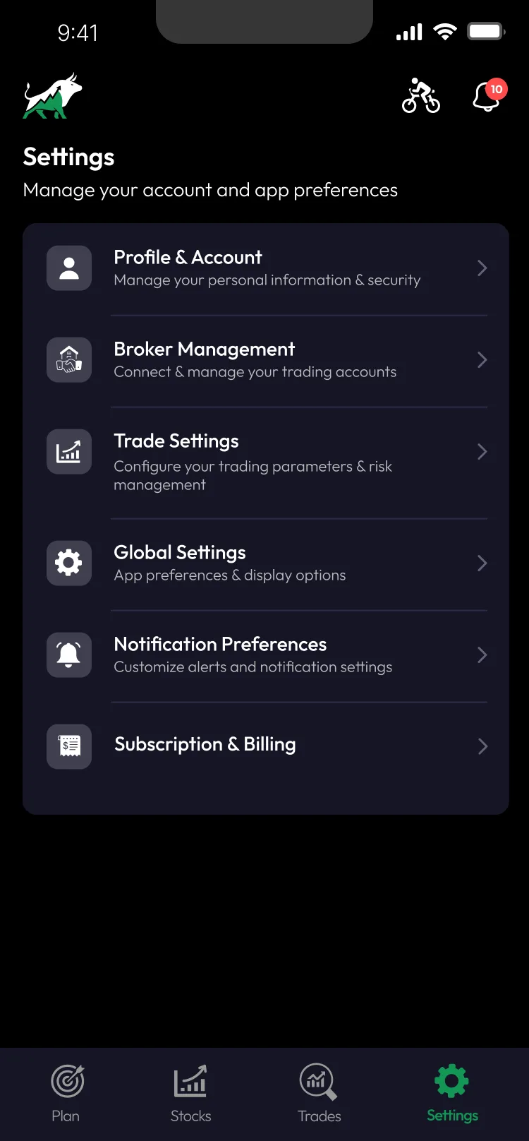 StonksAI settings screen for risk preferences, stop-loss distance and notifications